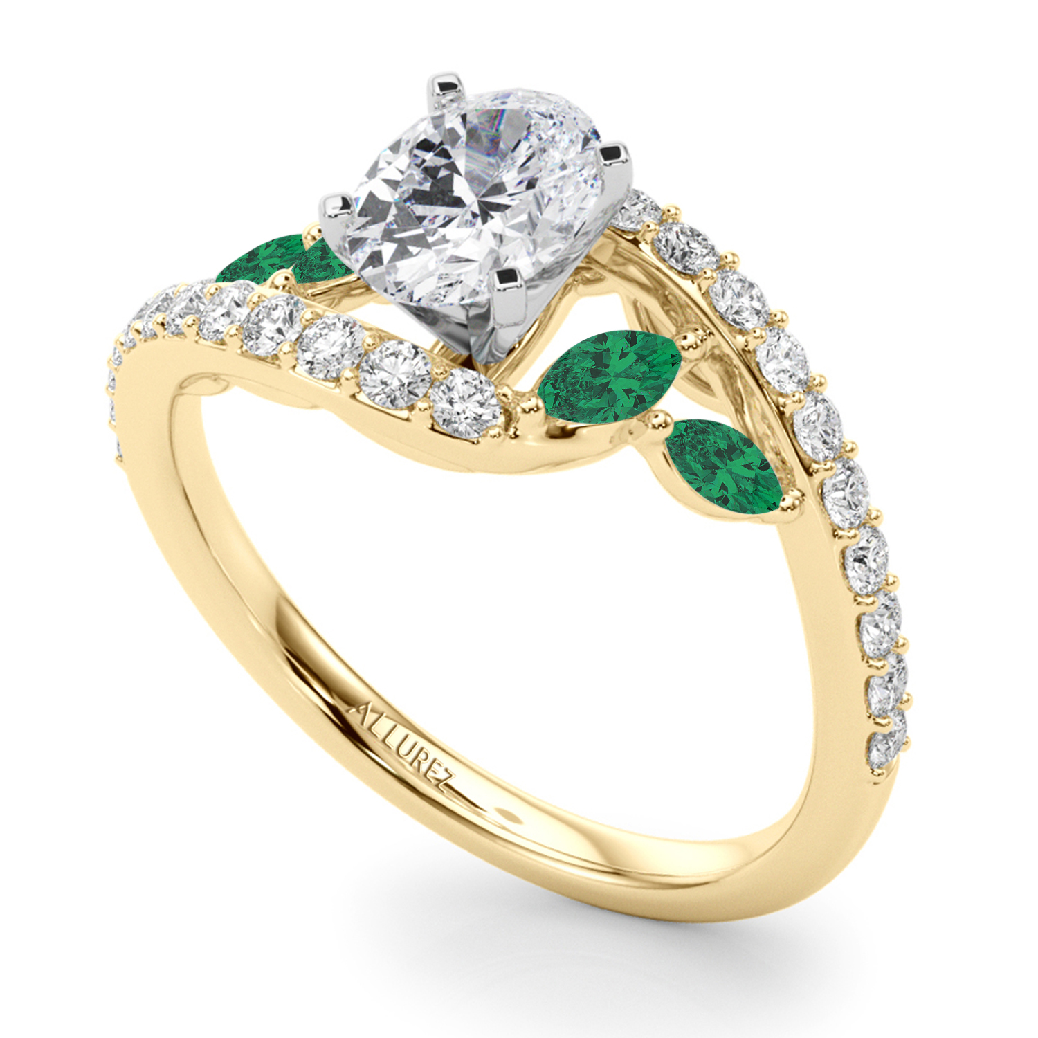 Swirl Design Lab Grown Diamond & Marquise Lab Emerald Engagement Ring 14K Yellow Gold (0.63ct)